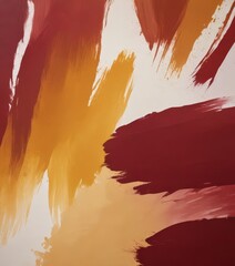 Abstract painting featuring bold brushstrokes in red, orange, and yellow against a white background.
