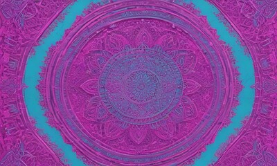 a circular mandala design with intricate patterns and a vibrant color palette of purple and teal.