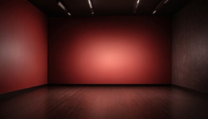 An empty room with red walls and a wooden floor, illuminated by a single light source in the center.