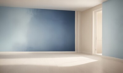 An empty room with a blue accent wall and a white floor, featuring a doorway and a window.
