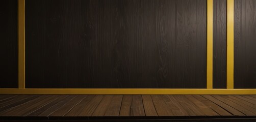 A dark wooden wall with vertical yellow stripes, and a wooden floor in the foreground.