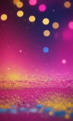 a vibrant, abstract background with a gradient of pink, purple, and yellow hues, accented by scattered, colorful dots and specks.