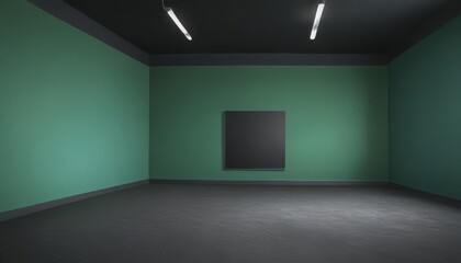 a minimalist art gallery space with a green wall, a black rectangular artwork, and two white track lights hanging from the ceiling.