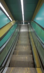 An escalator ascends a series of wooden steps, with a bright light illuminating the scene.