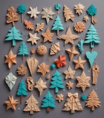 A collection of origami Christmas ornaments in various shades of blue, orange, and brown, arranged in a grid-like pattern against a gray background.