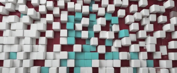 Fototapeta premium A 3D of a mosaic pattern composed of white cubes with turquoise accents, set against a maroon background.