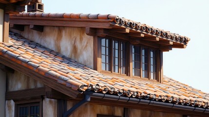 Obraz premium A fragment of a house with a clay tile roof and wooden trim, capturing the rich texture and craftsmanship of traditional roofing techniques.