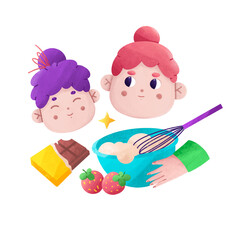 Mom and daughter make chocolate cupcakes with strawberries together