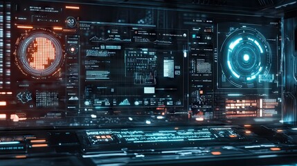 Obraz premium A futuristic digital dashboard interface with multiple widgets, data charts, and AI-powered tools, representing tech-driven decision-making.