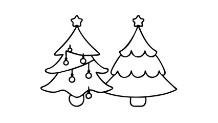 Two festive Christmas trees with ornaments and stars in simple hand-drawn style