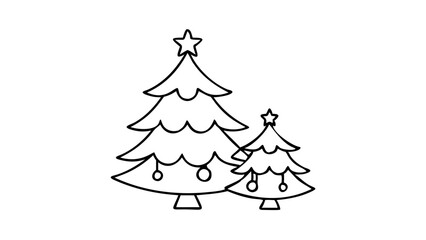 Festive Christmas trees with stars and ornaments in minimalist black outline style