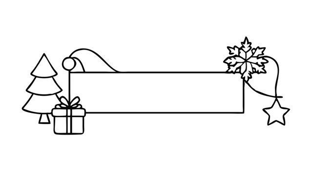Christmas banner with trees, ornaments, and gift in minimalist black and white line art style with copy space