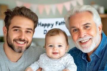 A joyful portrait of three generations of Caucasian men celebrating Fathers Day a baby, his father and his grandfather
