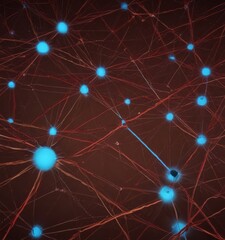 Obraz premium The image presents a complex network of interconnected blue spheres, resembling a web of interconnected nodes, against a dark brown background.