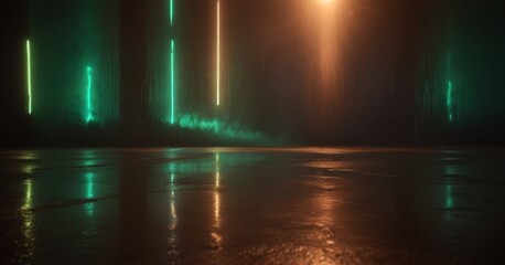 a dimly lit room with a glossy, reflective floor and a wall adorned with vertical green and yellow lights, creating a striking visual effect.