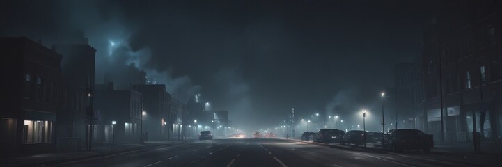 A foggy night scene of a city street with cars and buildings, illuminated by streetlights and car headlights.