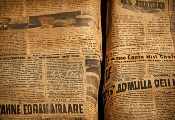 Naklejka premium close view vintage newspaper articles showcasing text distinct aging historical patina, headlines, print, images, history, detail, journalism, publication