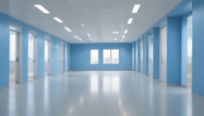 Fototapeta premium A long, empty corridor with blue walls and a white ceiling, featuring multiple doors and windows.