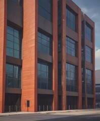 a modern building with a red brick facade and large glass windows, situated on a street corner with a sidewalk and street lamp in the foreground.