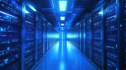 Fototapeta premium A high-tech server room with rows of blinking servers and cables, symbolizing data storage and cloud computing.