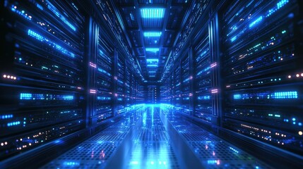 A high-tech server room with rows of blinking servers and cables, symbolizing data storage and cloud computing.