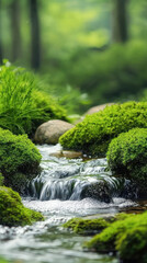 A serene stream flows gently over moss covered rocks in lush forest, creating peaceful atmosphere. vibrant greenery and soft sounds of water evoke sense of tranquility and connection with nature