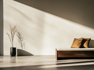 Obraz premium Minimalist living room corner in golden tones with a window casting natural lighting and a large shadow in the room. Residential interiors with minimal furniture or decor.