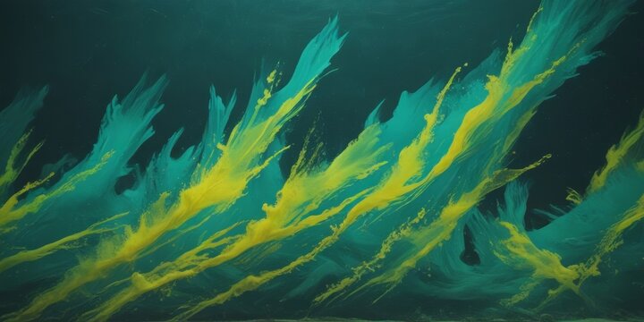 a close-up view of a vibrant underwater scene, with a striking contrast between the deep blue-green water and the yellow-green algae or seaweed.