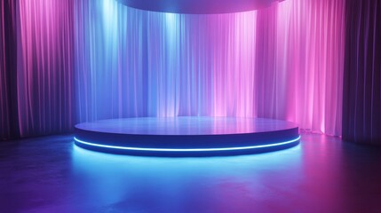 circular stage with colorful lighting and curtains, theatrical presentation concept