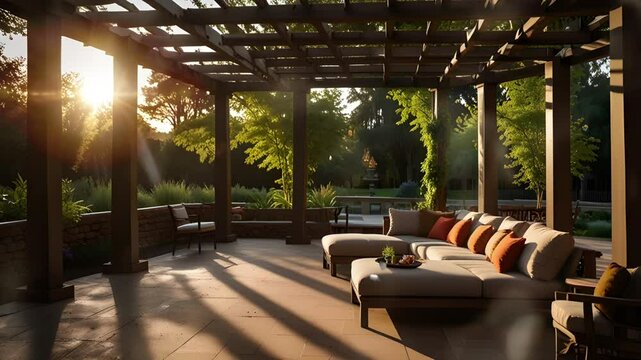 Living room at the back of the house with wooden pergola. Seamless 4K looping timelapse video animation background