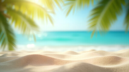 Fototapeta premium Sand with blurred Palm and tropical beach bokeh background Summer vacation and travel concept