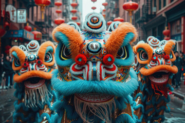 Fototapeta premium Chinese New Year, Lion Dance on the Streets