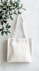 A stylish white canvas tote bag hangs against light background, complemented by lush green leaves. This versatile accessory is perfect for everyday use and adds touch of elegance