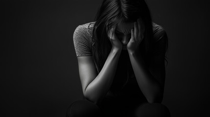 Obraz premium Woman sitting with head in hands in the dark