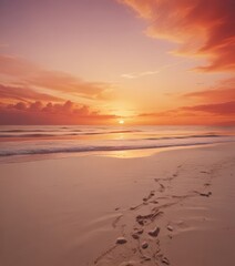 Obraz premium A serene sunset paints the sky in hues of orange and pink, casting a warm glow over the tranquil beach scene. The sun is partially obscured by a cluster of clouds, and the