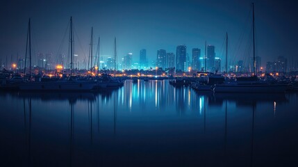 A marina at night with boats gently bobbing in the water, their lights reflecting on the calm surface and the city skyline glowing in the distance.