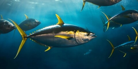 Yellowfin Tuna Hunting School Swimming Underwater in Deep Blue Ocean