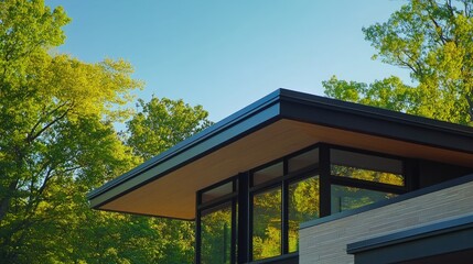 A modern, flat-roofed house fragment with geometric angles, set against a backdrop of trees and clear skies, showcasing contemporary architecture.