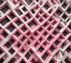 a close-up view of a geometric pattern composed of overlapping pink and white cubes arranged in a diamond-like structure.