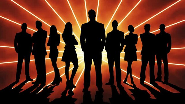 Laser Beams Dramatically Revealing Silhouettes of Businessmen and Businesswomen Standing Together
