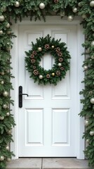 Beautiful white door with evergreen Christmas wreath decoration