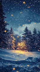 Fototapeta premium A serene winter wonderland night scene with twinkling stars and softly falling snowflakes. illuminated trees create magical atmosphere, inviting warmth amidst cold