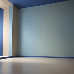 An empty room with a blue wall and a beige wall, featuring a light wooden floor and a window on the left side.