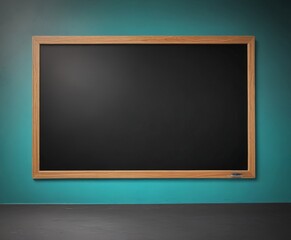 A blackboard with a wooden frame is mounted on a teal wall.