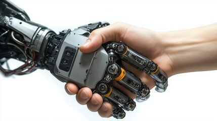 Close-up of an industrial robotic arm shaking hands with a human hand on a white background, symbolizing the collaboration between technology and humans in modern industry.