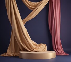 A gold pedestal stands against a deep blue backdrop, flanked by two draped fabrics in a harmonious color scheme of gold and pink.