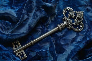 A single, silver key with an ornate handle displayed against a backdrop of deep blue velvet