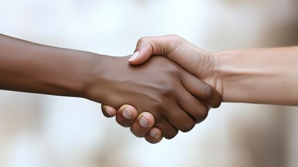 Close-up of an African and Caucasian handshake, symbolizing diversity, unity, and cooperation, set against a neutral background to emphasize the gesture of partnership and mutual respect.