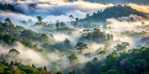 Morning mist rolling through a dense forest, foggy weather, mysterious ambiance