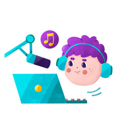 Young boy broadcasting on the radio